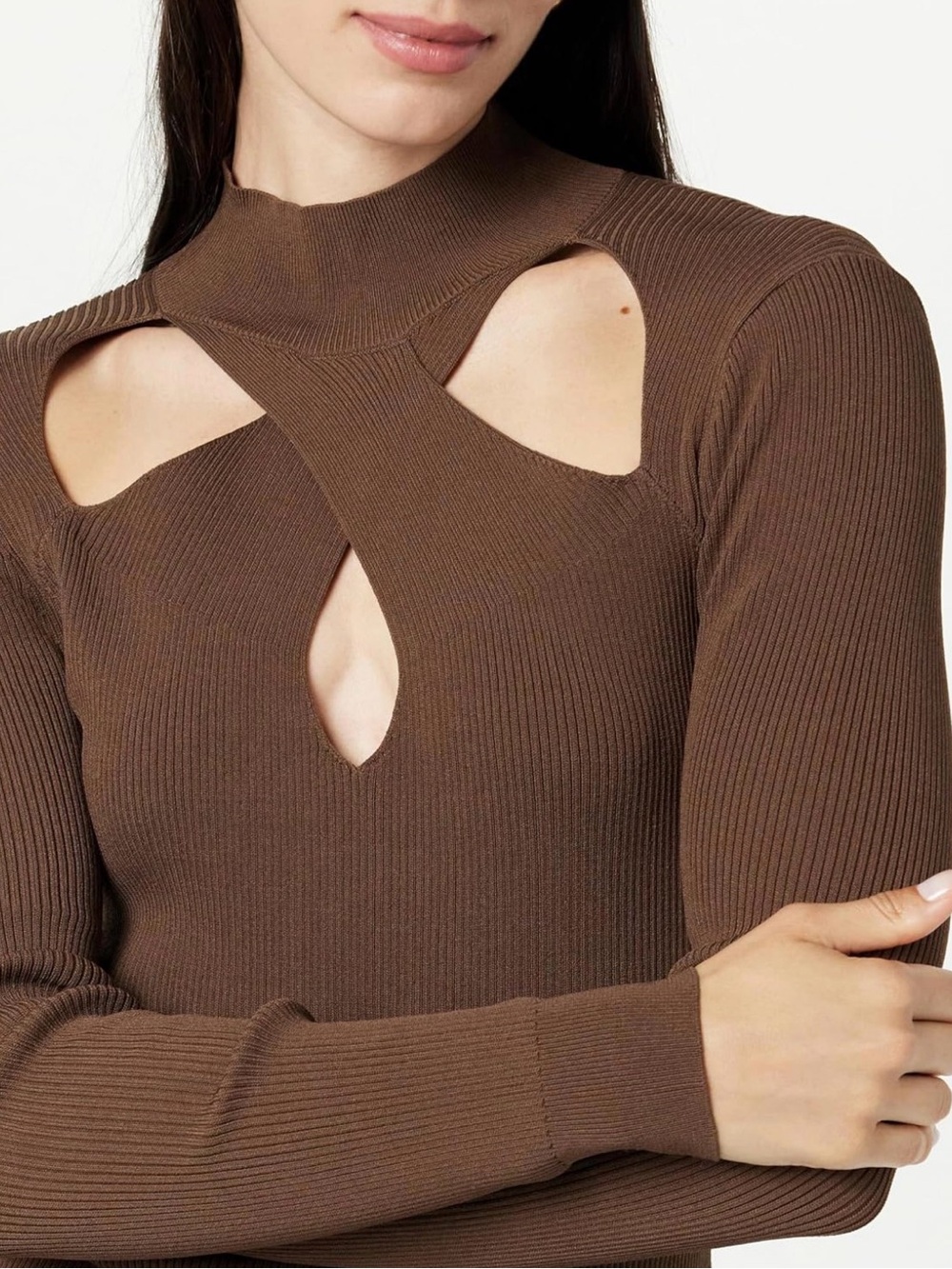 The Drop Ribbed Cutout Sweater Mock Neck Coffee Brown NWT Small Dark Academia - Picture 3 of 6